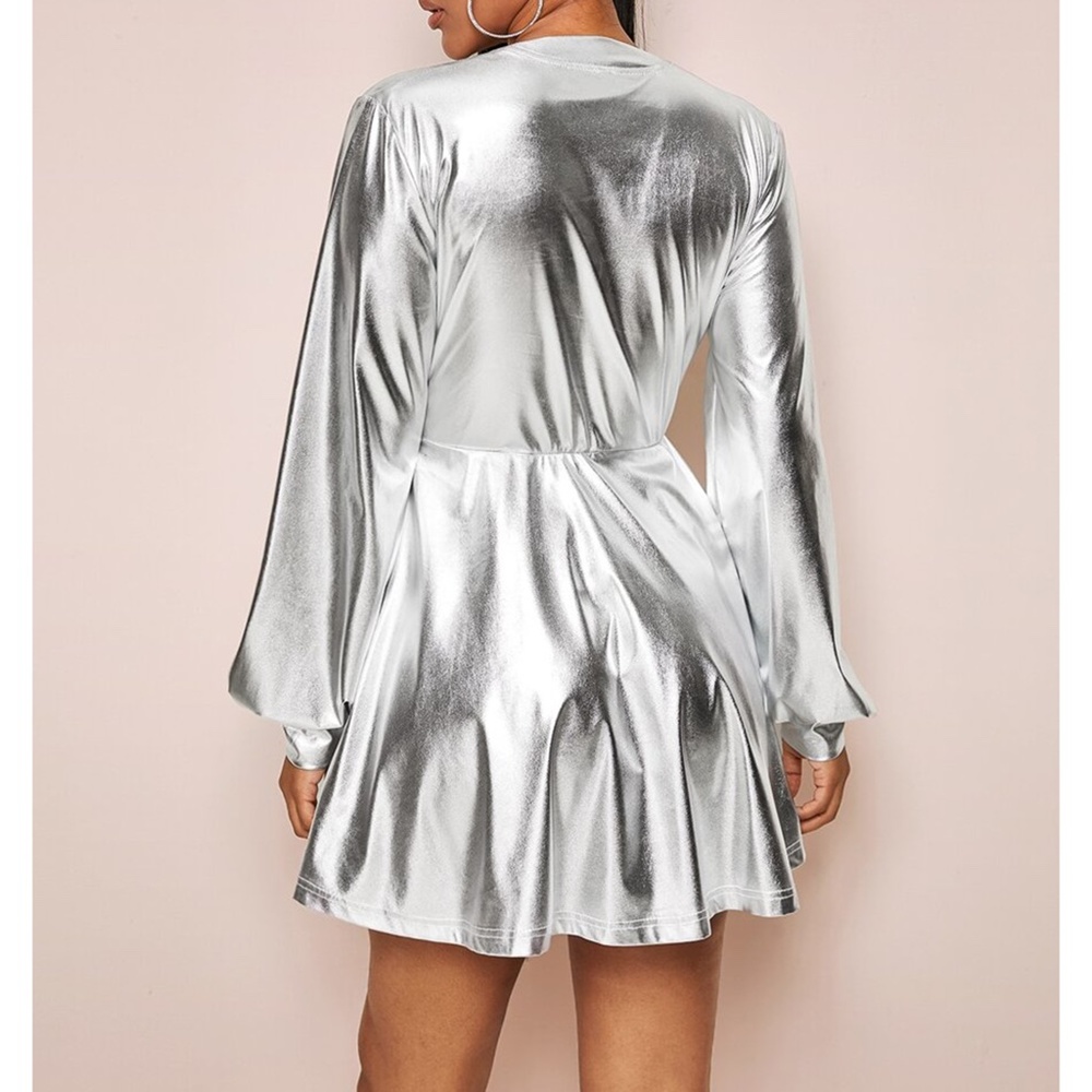 Silver Metallic Deep V Party Dress - Picture 2 of 5